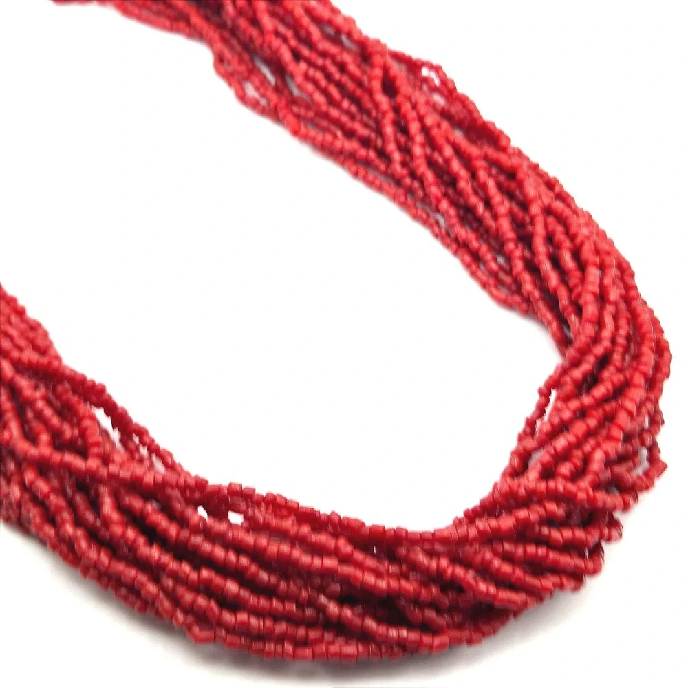Vintage Multi Strand Necklace Red Faux Coral Glass Seed Bead Silver Tone 21 Inch
